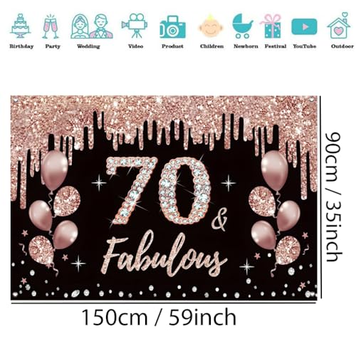70e verjaardag decoratie voor vrouwen, 70e verjaardag decoratie zwart en rose goud glitter vlekken stof schild plaard 70e verjaardag achtergrond banner vrouw 70e verjaardag feest decoratie