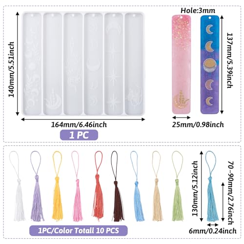 11Stuks Maan Fase Bladwijzer Siliconen mallen Rechthoek 3D het maken van bladwijzer vormen Ster UV-hars mallen met 10 stuks Tassels voor ambachten, sieraden het maken van decoratie 3