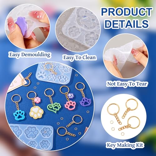 2 st Paw Afdrukken Siliconen mallen Kattenvoetafdruk Afgietselhars mal met sleutelhangers Jump Ring voor het gieten van UV Epoxy Hars sieraden maken sleutelhanger ambacht 4