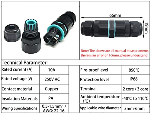 IP68-connector, waterdicht IP68, 2-weg/3-wegkoppeling, externe stopcontactkoppeling, kabelaansluiting voor kabel Ø3 mm - 6 mm (3 stuks)