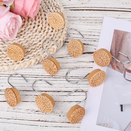 12 stuks Boho Knoppen Douche Gordijn haken, Decoratieve geweven Rattan Douche Gordijn Ringen Boerderij en kuststijl Badkamer Hangers Accessoires voor standaard Rod 3
