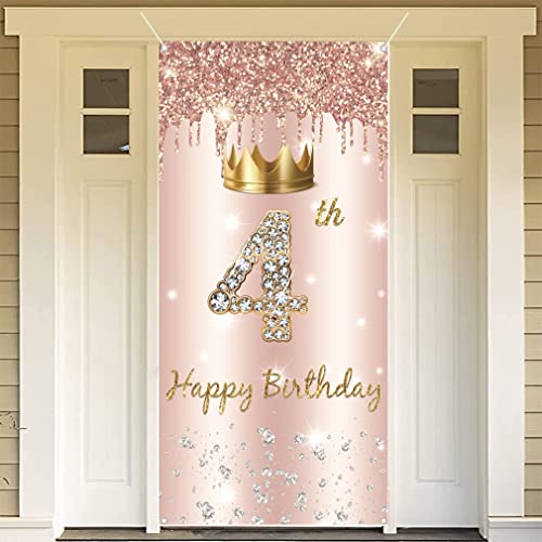 4.Birthday decoratie voor meisjes, deur decoratie roos goud,4e verjaardag stof teken opknoping poster,4e verjaardag achtergrond banner partij welkom teken