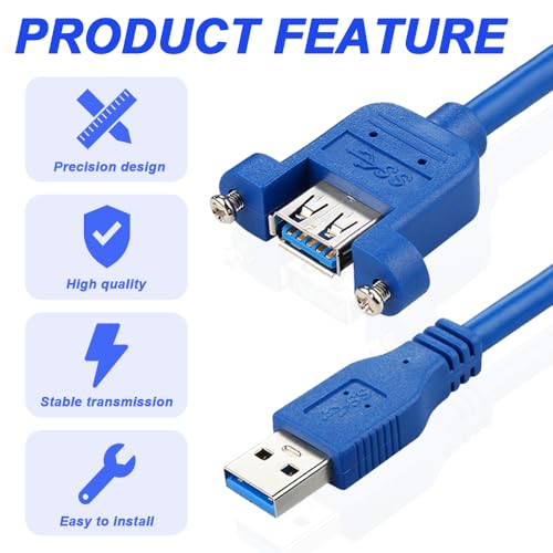 USB3.0 USB A Panel Mount Extension Cable, USB A Plug to Bushing for Charging and Data with Screwdriver, Screws (4 Pack) 5