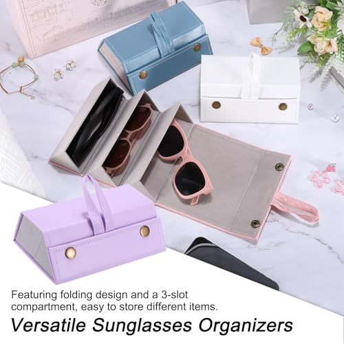 Zonnebril Organisator voor Reizen, Opvouwbare Zonnebrillen Houder met 3 Slots, Lederen Zonnebril Opslag Organisator, Draagbaar voor Meerdere glazen Organisatie, Paars, Paars, 6.3 x 4.7 x 2.3Inch 4