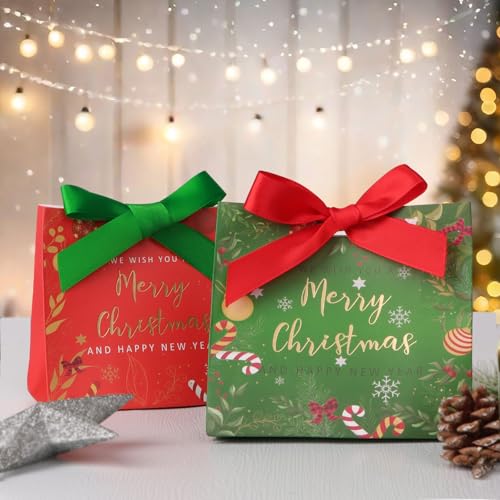 24 geschenkdoosjes voor Kerstmis, van groen en rood papier met strik, Merry Christmas Nieuwjaar, cadeau, bonbonnière, lekkerheid voor Kerstmis, bak (groen + rood) 4