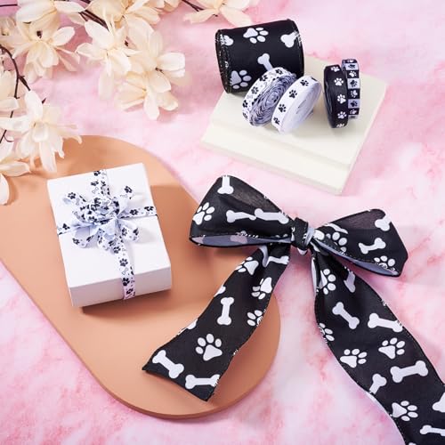 5 Rolls Paw Afdrukken Grosgrain Lint Zwart/Wit Bone Patronen Lints 10mm Animal Thema Honden Paw Afdrukken Polyester Lints voor kleding DIY het maken van decor Bow