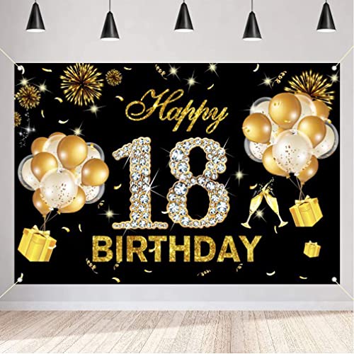 Verjaardag decoratie meisjes 18e verjaardag Banner zwart goud 18e verjaardag stof teken poster gelukkig 18e verjaardag achtergrond Banner meisjes verjaardag partij decoratie