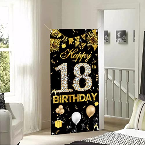Gelukkig 18e verjaardag decoratie voor meisje, schattig 18e verjaardag banner zwart en goud, stof teken 18e verjaardag poster, 18e verjaardag deur banner voor meisjes verjaardag feest welkom 5