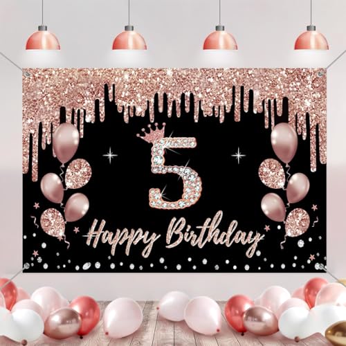 5e verjaardag decoraties voor meisjes, feest decoratie zwart en roos goud, 5e verjaardag stof teken opknoping poster, 5e verjaardag achtergrond banner partij welkom teken