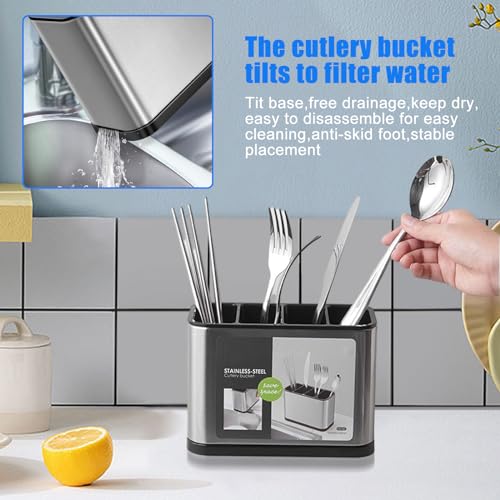 Keuken Utensil houder met 4 roosters, roestvrij staal, Bestek Drainer mand, Keuken Utensil houder, Non-Slip Bar houder met Draining Plate, Opslag emmer voor Bestek, Lepel, Vork, Messen 4