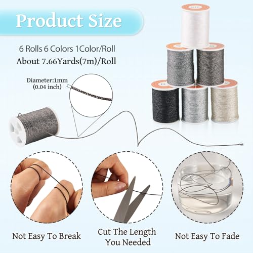 6 Rolls 1mm Metallic Threads Machine Borduurdraad Grijs zwart witte Macrame koord Naaidraad voor Tatting Quilt Vriendschap armband sieraden maken 3