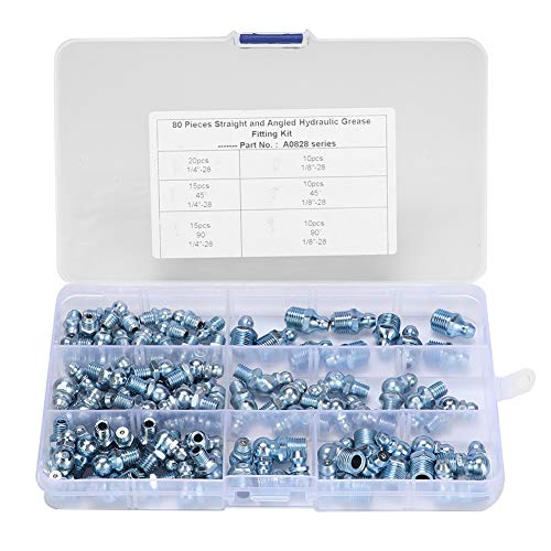 80Pcs Smeermiddel Tepel Assortiment Kits, 45° 90° 180° 1/8in 1/4in Butter Mondset, Iron Zink Plating Hydraulische Zerk Fitting voor slang buis 5