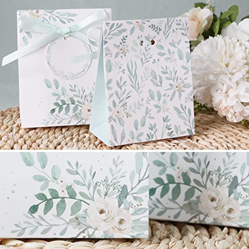 Verpakking van 50 bruiloft geschenkdozen 8 x 4 x 10 cm met groen blad ontwerp inclusief cadeauhangers en linten, kleine geschenkdozen voor bruiloft gast geschenk doop geschenk doos etc 4