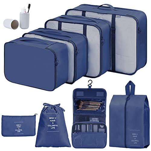Koffer Organisator Set, Verpakking Kubus voor Kleding, Kleding Tassen voor Koffer, 9-Piece Waterdichte Verpakking Kubus, Koffer Organisator, Suit Bags Set met Cosmetic Bag (Tibetan Blue)