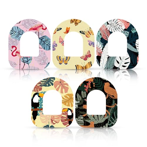 25 st Tropical Waterproof Lijm Patches, 5 Styles Tropical Flora Fauna Lijm Sensor Cover Ademende Overpatches Tape Sensor Stickers Compatibel met Omnipod 5