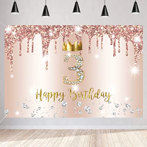 Gelukkige 3e verjaardag achtergrond Banner partij decoratie voor meisje gelukkig 3 jaar oude stof sign poster, Glitter roze fotografie achtergrond derde verjaardag Partij Tafeldecoratie 150x90cm