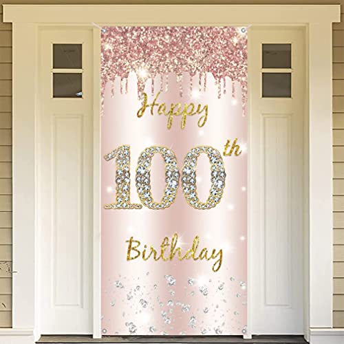 100e verjaardag decoratie vrouwen, Gelukkig 100e verjaardag deur banner roos goud, 100e verjaardag stof schild poster deur decoratie, 100e verjaardag achtergrond banner dames, verjaardag feest welkom teken