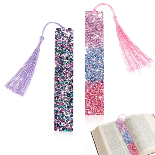 Set van 2 Shiny Rhinestone Crystal Resin bladwijzer met kleurrijke Pompoms Diamant Markering Glitter esthetische pagina Marker voor Volwassenen Vrouwen Kinderen Cadeau