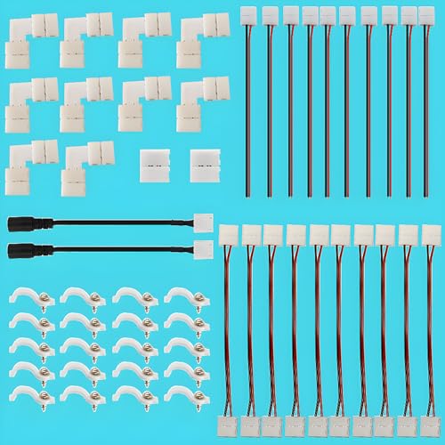 5050 2 Polen 10mm LED Strip Light Connection Kit Inclusief 10 LED Strip Light Terminal Pigtail, 10 Jumper Connectors, 10L Shaped Connectors, 2DC Connectors, 2Plugless Plug Connectors