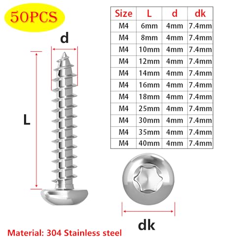 50 st M4 x 6mm Zelftappende Schroeven, Torx Cilinderkopschroeven, Roestvrij staal Ronde kop Zelfboorschroeven 3
