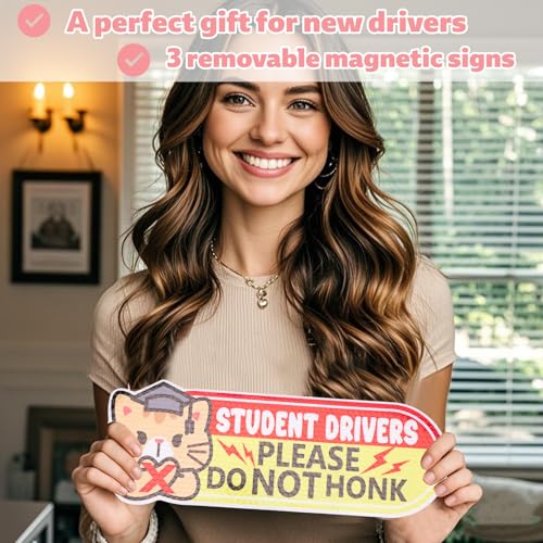 3st Student Driver Magneet voor Auto, 25x9cm Grappig Roze Reflectieve Magnetische Bumper Stickers voor Beginners Leuke Kat Veiligheid Teken Newbies Weerbestendig & afneembare 4
