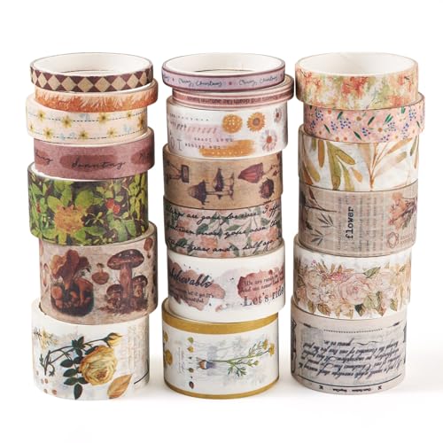 20 Rolls Washi Tape Set Gekleurde Masking Tape Bos Bloem Paddestoel Brief Retro Decoratief Zelfklevende Sticker voor Scrapbooking Bullet Journals Present Wrapping DIY Crafts Book Planner