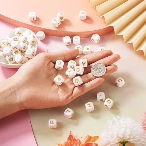52 st Siliconen Alfabet Kubus kralen 12x12mm Vierkante Siliconen kralen met gouden alfabet brief A~Z voor DIY sieraden armband maken, Gat: 2mm 5