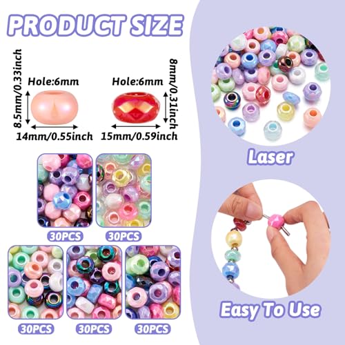 Europese acryl kralen, 150 stuks, 5 stijlen, UV-plating regenboog iriseren rondelle kralen met groot gat voor doe-het-zelf knutselen, armbanden, ketting en sieraden maken, gat: 5.5~6 3