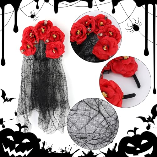 Gothic Rose Lace Veil Headgear, Halloween Rose Flower Headband met schedeldecoratie Bruids hoofdjurk Headwear voor vrouwen Halloween Cosplay Party Costume Accessoires 4