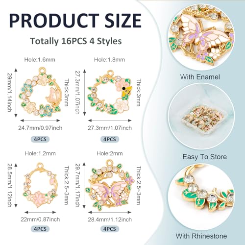 16 Stuks Bloem Email Charms Krans Foral met vlinder Dangle Charm Spring Rhinestone metalen hangers Hang Ornament voor sieraden Craft Ketting Keychain DIY Oorbellen vrouwen 5