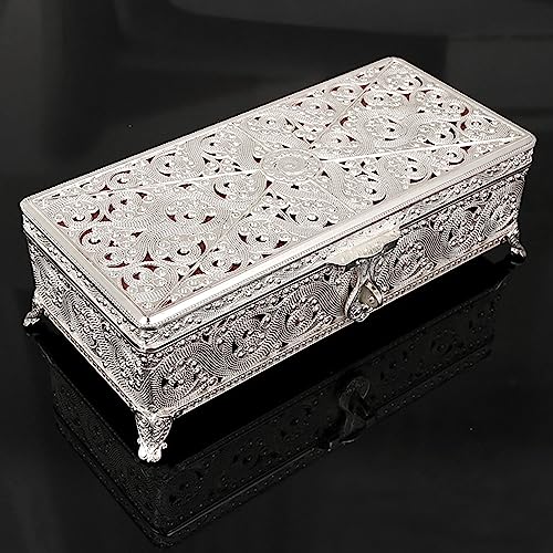 Vintage metalen sieraden doos, Zachte Velvet Anti Rustbescherming Krasbestendig Rechthoekig Vintage sieraden doos voor vrouwen, meisjes oorbellen voor horloges (Zilver)