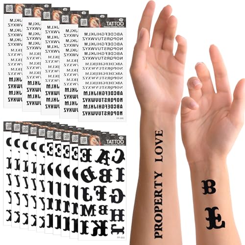 20 Vellen Tijdelijke Tattoos Zelfklevende Letter Tattoos Stickers 5 Verschillende Letter Styles Waterdichte Zwarte Fake Tattoo Stickers DIY Naam Tattoo voor vrouwen en mannen