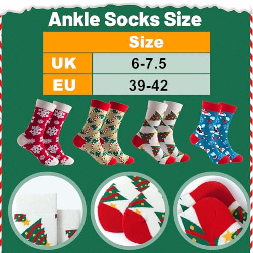 Kerstsokken voor vrouwen, 4 paar werkdagen, kerstpatroon, comfortabele katoenen sokken, maat 39-42, Multicolor, 39-42 EU, Multicolour 3