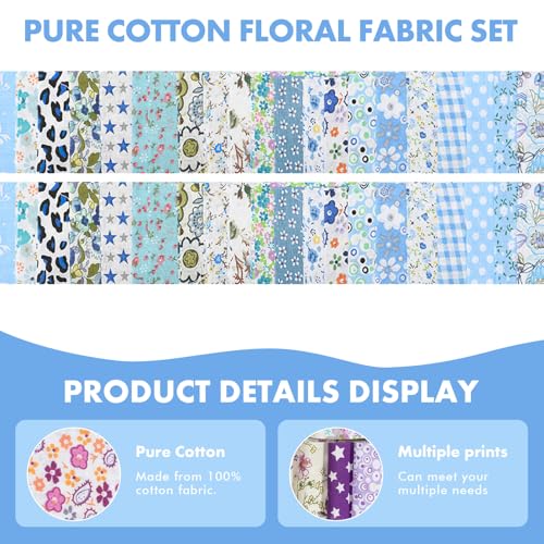 40 Rolls Katoen Quilting Stof Bloemen Patronen, 20 Styles Pre-Cut 2.5 x 19.69 Inch Fabric Strips voor DIY Crafts Naaien, Poppenkleding, Kussendecoratie (Blue(blue 6x50cm, 2