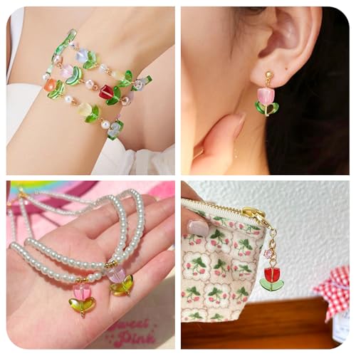 56 Stuks Bloemglas Bedels Tulpen Bloemen Transparante Connector Bedels Crystal Kleurrijke hangers Hang Ornament Bulk voor sieraden Craft Ketting Keychain armband DIY Vrouwen oorbellen, Glas 3