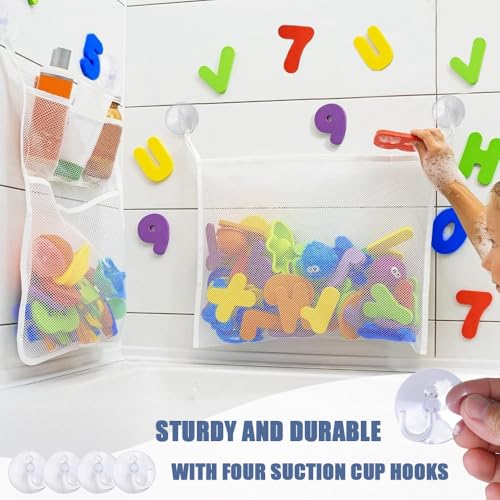 2 st Badspeelgoed Net, Badspeelgoed houder Mesh Bad Speelgoed opslag Kids Badspeelgoed Tidy opslagzak met Zuigbekers Badkamer speelgoed opslag Net snel drogen badspeelgoed mand (Wit) 3