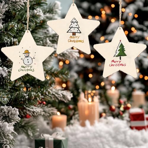 Verpakking van 20 grote houten poinsettia's voor opknoping 14 cm met touw, houten ster voor decoratie, handgemaakt voor kerstboom decoraties (grote sterren) 4