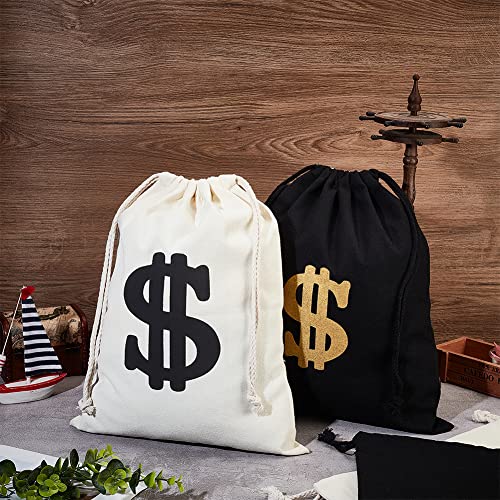 4 stuks 2 maten Canvas Large Money Bag, 2 Kleuren Dollar Teken Money Bag Canvas Drawstring Bag Canvas Coin Bag Kleding Pouch met koord Sluiting voor sieraden Cosplay Thema Halloween Party gunsten 5