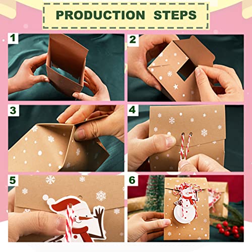 Verpakking van 24 kerstcadeauzakken gemaakt van kraftpapier met basis, geschenkzakken met houten clips en koord, papieren zakken voor kerstcadeauverpakking etc. 3