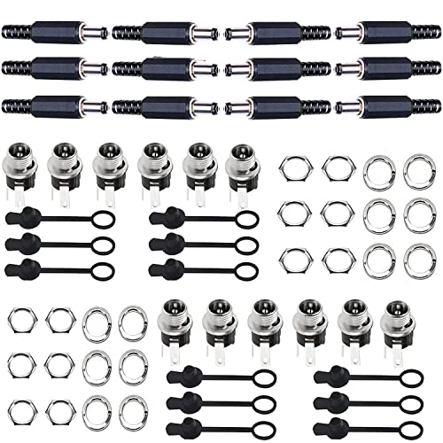 5.5mm x 2.5mm DC mount stopcontact, 12 x DC holle stekkers met soldeeraansluiting, 5.5mm x 2.5mm 12x DC stekker + 12x rubberen beschermkleppen, voor audio/video/mobiel