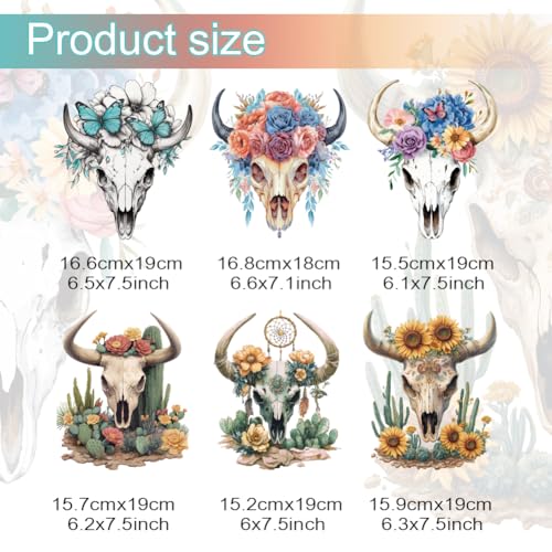 6 Stuks Koe Skulls Thema warmteoverdracht Stickers, Floral Iron op transfers Patches Plastic Heat Transfer Sticker Kleding Reparatie Toepassing voor T Shirt Jassen Sweatshirt Rugzak