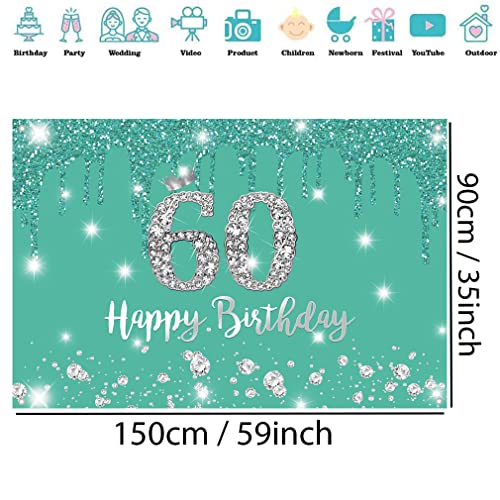 Happy 60th Birthday Achtergrond Banner Party Decoratie voor vrouwen, 60 jaar oude stof Tekenposter, Turquoise Fotografie Achtergrond 60th Birthday Party Supplies, 150x90cm
