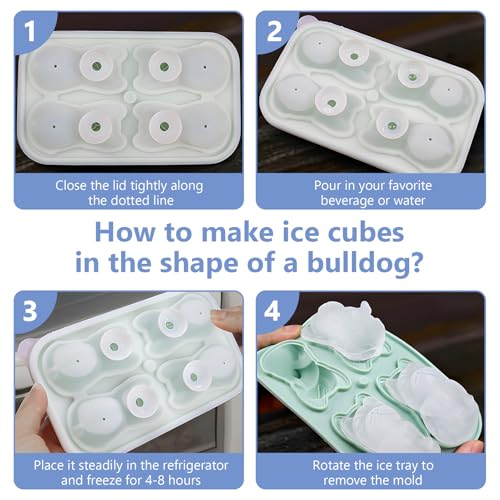 3D Bulldog vorm ijs kubus tray, leuke herbruikbare siliconen ijs kubus tray met deksel Eenvoudig vrij te geven schattig dier ijs doos maken 4 stuks ijsballen voor Whisky Cocktails sap Bourbon 4