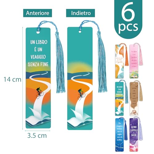 Esthetische bladwijzers papier, 6 x bladwijzers met Italiaanse toespraken en kwasten, cadeau voor volwassenen, kleine cadeaus voor scholen, eerste schooldag, boekenliefhebbers