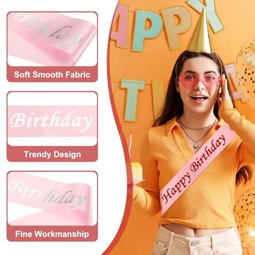 Verjaardag Meisjes Sash, Glitter Verjaardag Sash voor vrouwen Satin Princess Queen Sash Party Decoraties met veiligheidsspeld voor feestgeschenken Favors, Roze met Silver Foil 3