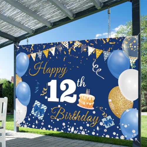 Verjaardag Decoratie voor jongens en meisjes, 12e verjaardag Banner, 12e verjaardag Stof Teken poster, 12e verjaardag Achtergrond Banner Jongen Verjaardag Party Decoratie, Blauw 5