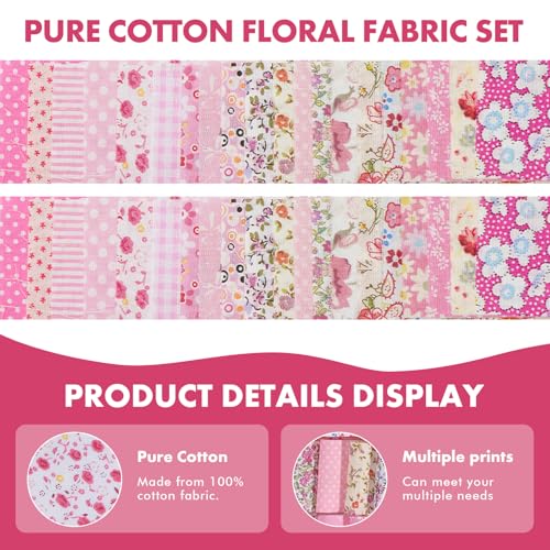 40 Rolls Katoen Quilting Stof Bloemen Patronen, 20 Styles Pre-Cut 2.5 x 19.69 Inch Fabric Strips voor DIY Crafts Naaien, Poppenkleding, Kussendecoratie (Roze 6x50cm, 2 Rolls
