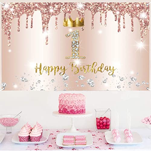 1e verjaardag meisje decoratie, eerste verjaardag Banner Rose Gold, gelukkig 1 verjaardag stof sign poster, 1e verjaardag achtergrond Banner meisje verjaardag partij decoratie met kroon element