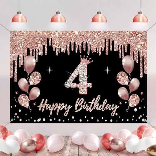 4e verjaardag decoratie voor meisjes, feest decoratie zwart en roos goud, 4e verjaardag stof teken opknoping poster, 4e verjaardag achtergrond banner partij welkom teken