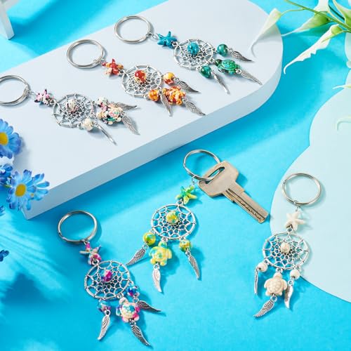 7Pcs Droomvangers Sleutelhanger Boheemse metalen veer Keychains met Turquoise Turtle Star kralen voor sieraden maken van vrouwen portemonnee handtas accessoire Craft autosleutel,, kleurrijke